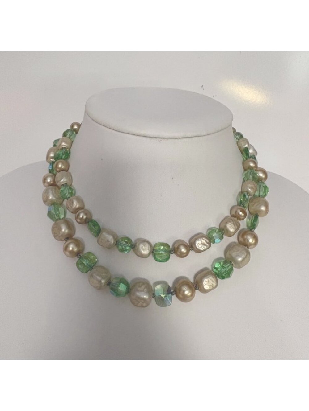 Vintage Double-Strand Necklace with Green and Faux Pearl Beads Hook Clasp